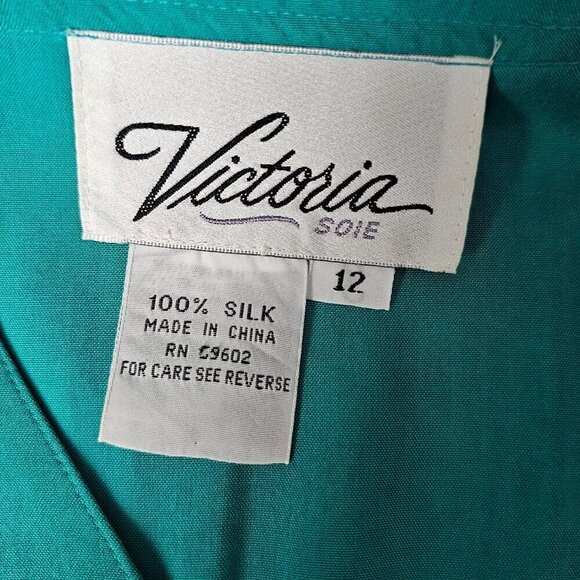 Victoria Soie V Neck Short Sleeve Vintage Silk Button Down Teal Shirt Dress - Picture 2 of 7